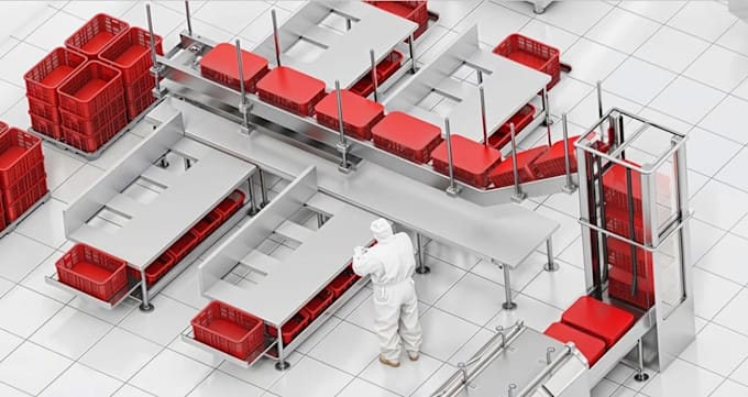 create industrial 3d factory visualization,stainless steel equipment layout,cgi