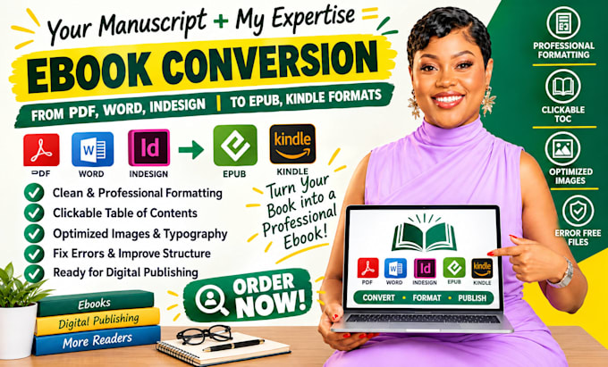 do the ebook conversion from PDF, word, indesign into epub, kindle formats
