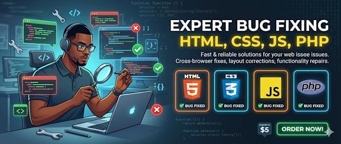fix bugs in your HTML, CSS, and javascript website