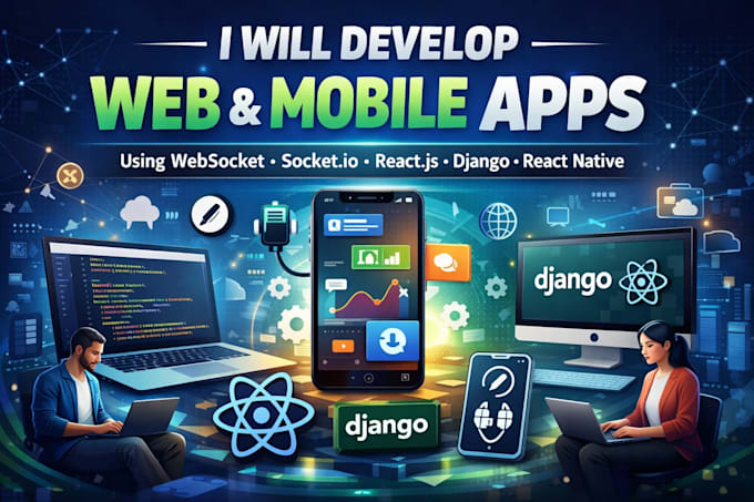 develop web, mobile apps using websocket socket io react js django react native