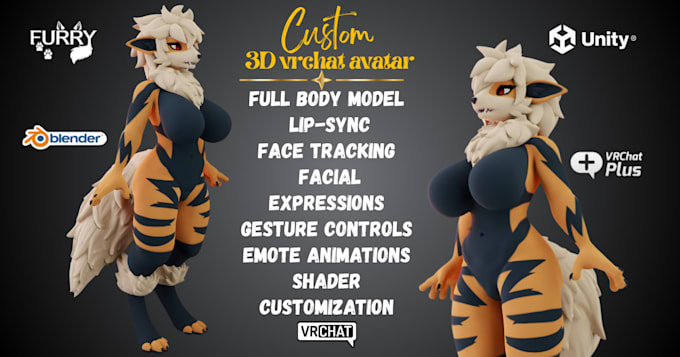 create 3d furry vrchat avatar, nsfw vtuber model, 3d unity rigging, vrc model