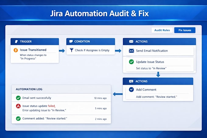 audit and fix broken jira automation rules and trigger conflicts