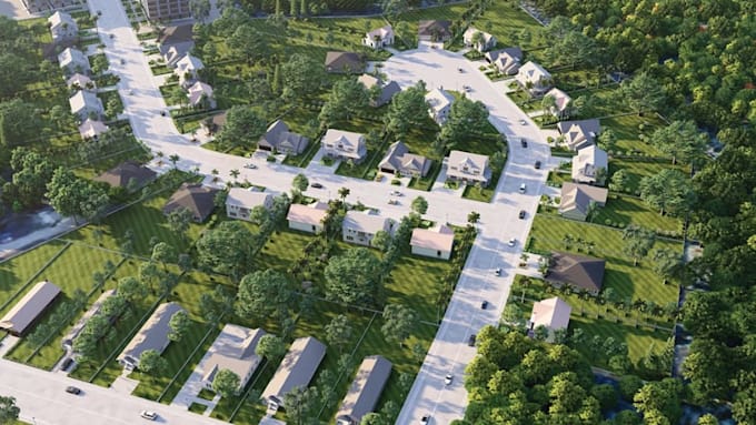 3d urban masterplan, housing estate development, streetscape landscape rendering