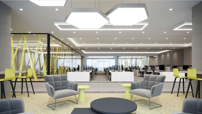 modern 3d office interior design, studio indoor layout, apartment office render