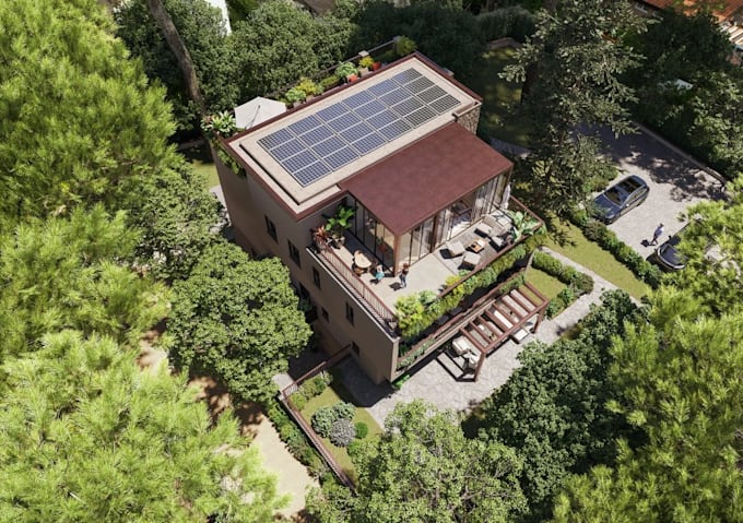Build 3d apartment complex,terrace solar panels,coastal villa,aerial ...