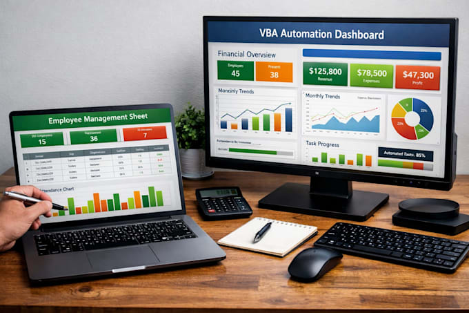 create excel vba automation, employee tracker sheet and dashboard spreadsheet