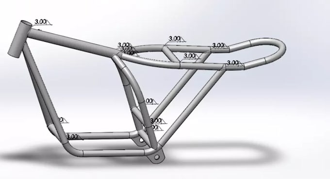 design 3d custom motorcycle frame, chassis, cad modeling, blue print, solid work