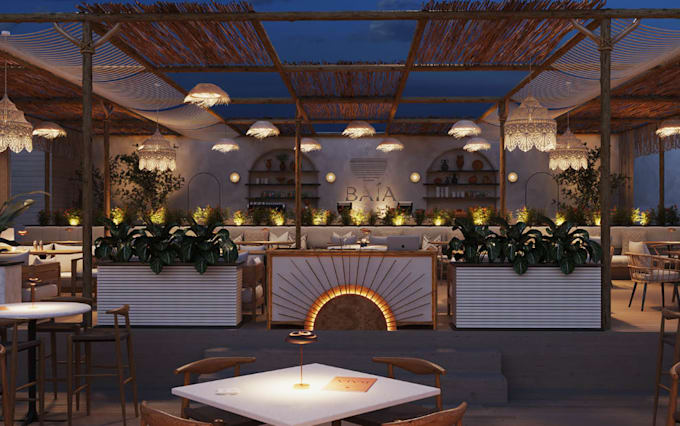 Render beach nightclub house exterior, gala night shots design,bar ...