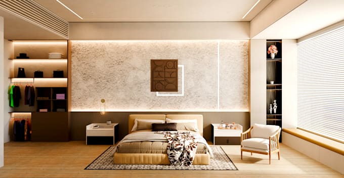 design and render a modern bedroom interior in 3d