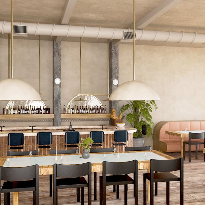 create photorealistic bar, cafe or restaurant interior rendering