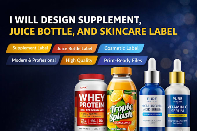 design supplement, juice bottle, and skincare label design