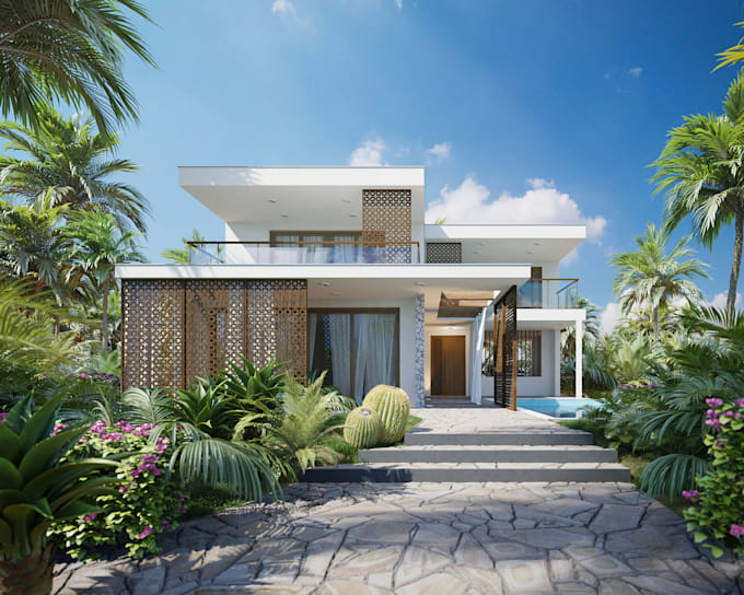 design modern tropical house and create realistic 3d render