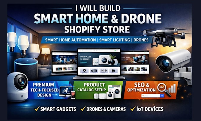 build smart home device shopify store, voice controlled lighting, drone website