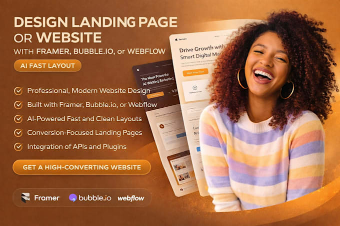 design landing page or website with framer, bubble io or webflow ai fast layout