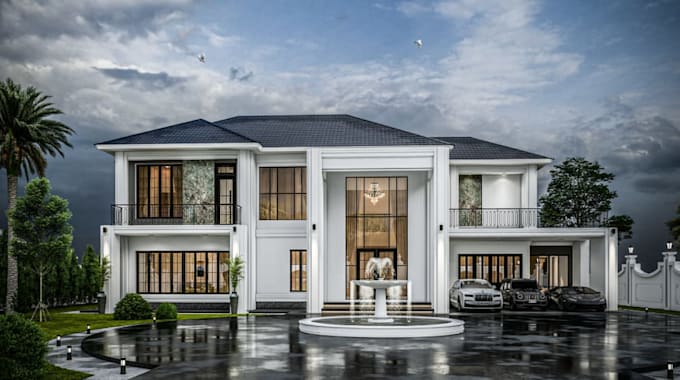remodel modern villa,construct driveway, exterior elevation cgi,facade,farmhouse