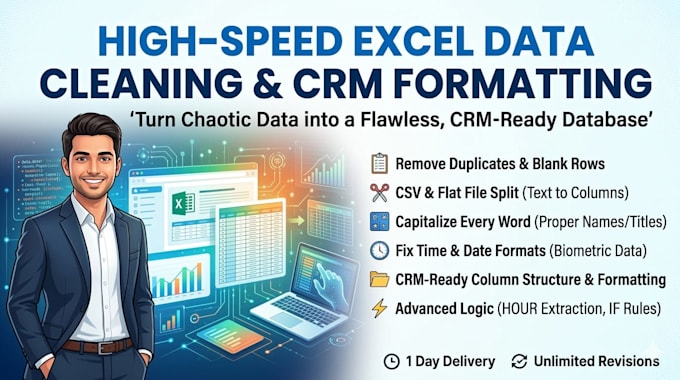 execute highspeed excel data entry, data cleaning,formatting and CRM formatting