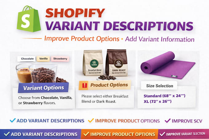 add shopify variant descriptions and improve product option information display
