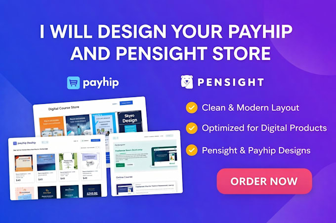 create a payhip online store, payhip website, and pensight store design