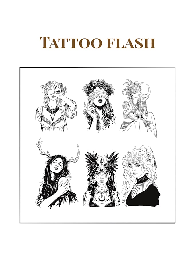 design a dark fantasy tattoo flash sheet