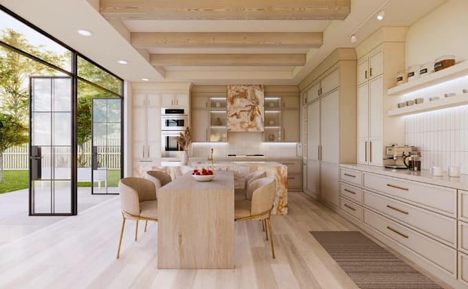 renovate 3d kitchen interior, modern cabinets design,  bathroom layout rendering