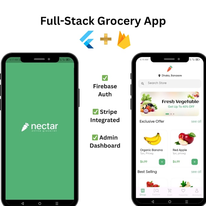 develop a flutter grocery app with firebase and stripe payment