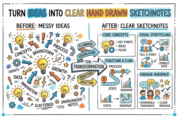 turn your ideas, teaching, presentation into hand drawn sketchnotes
