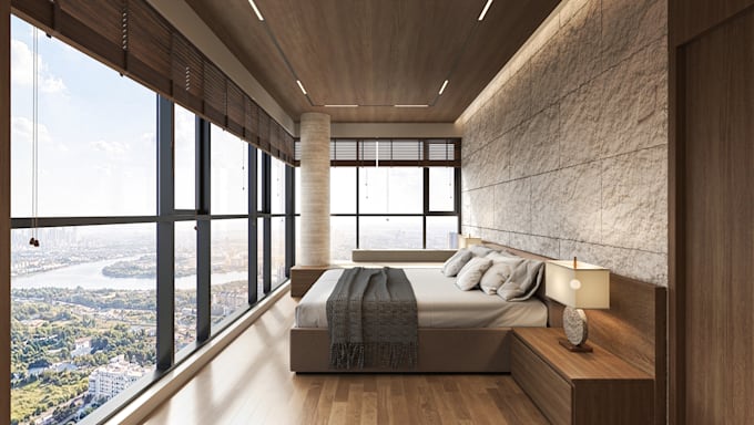 create photorealistic bedroom interior 3d rendering