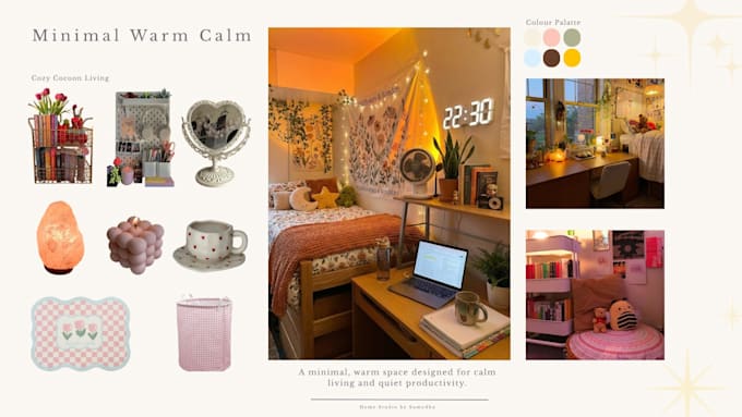 design a cozy, aesthetic interior with moodboard, layout and styling