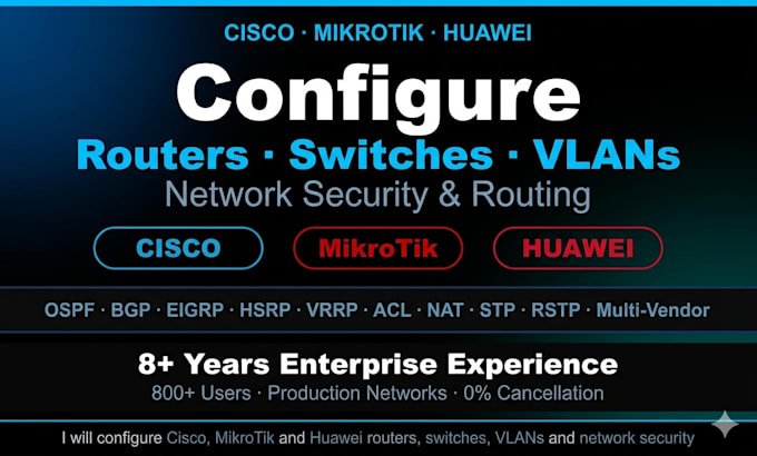 configure cisco, mikrotik, huawei routers, switches, vlans, and network security