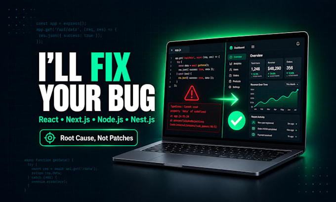 fix bugs and errors in your react, next js or node js web app