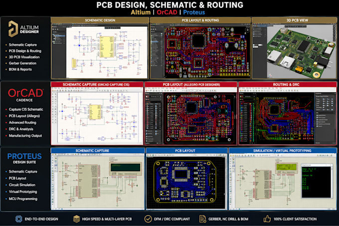 do pcb design, schematic, and routing in altium, orcad, and proteus