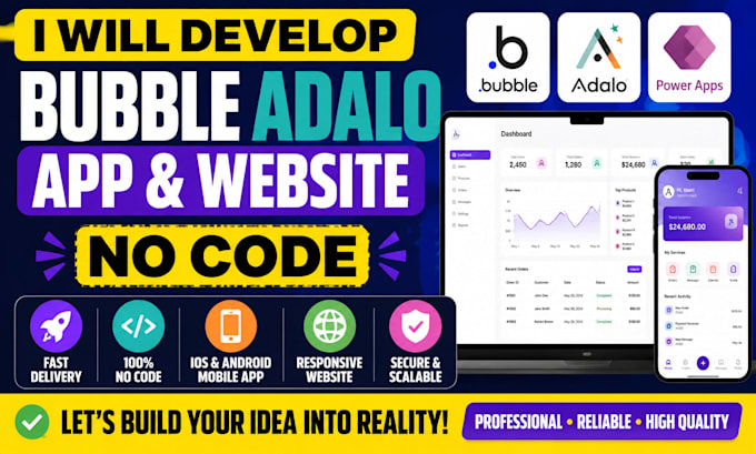 develp bubble adalo app website no code power apps ios android mobile app