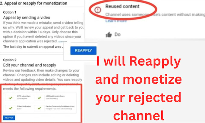 reapply and monetize rejected or demonetized youtube channel