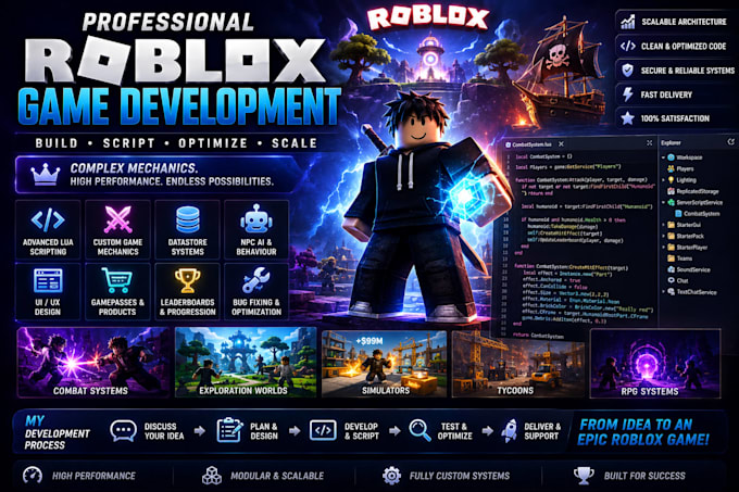 build and script a scalable roblox game with complex mechanics, lua scripting
