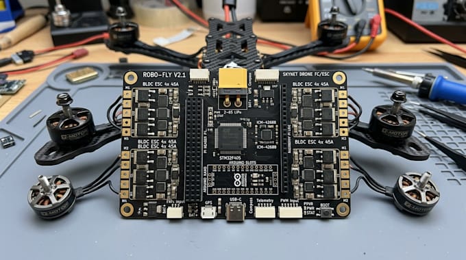 design drone flight controller pcb, bldc esc, imu arduino pi raspberry pi, esp32