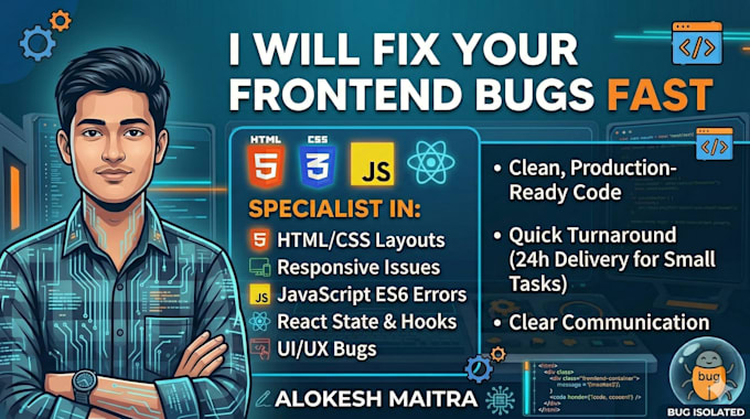 fix HTML CSS javascript react bugs or frontend issues fast