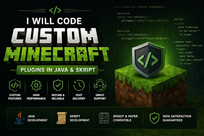 code custom minecraft plugins in java and skript for your server