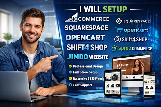 setup bigcommerce squarespace opencart shift4shop spree commerce jimdo website