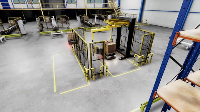 do robot arm animation, packaging machine animation and agv warehouse automation