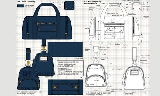create handbags, wallets, purses, and backpack designs and make tech pack