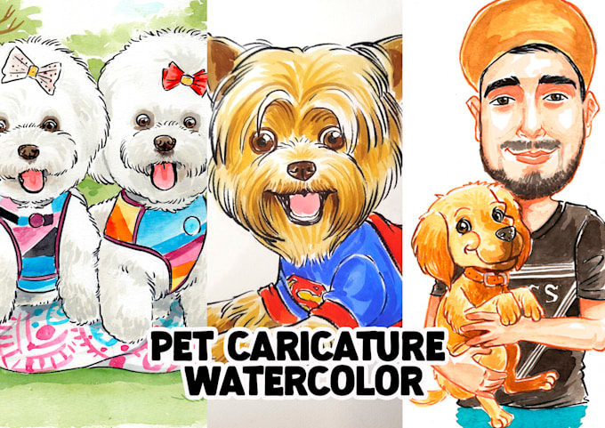 custom pet caricatures in watercolor
