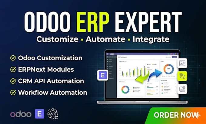 customize odoo erp next modules, develop odoo websites and automate CRM API