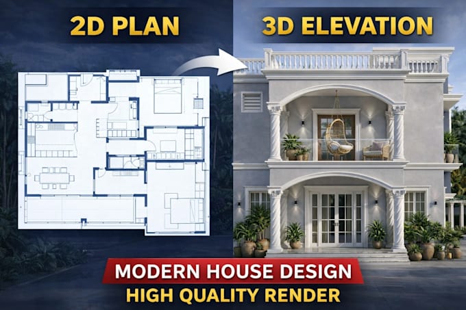 convert your 2d floor plan into modern house elevation design