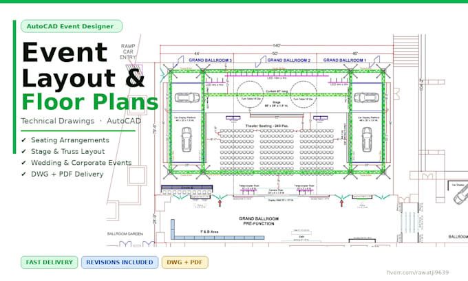 create event layout, floor plan and working drawings in autocad