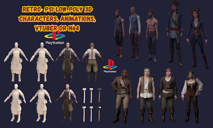 model, animate retro 3d low poly character in ps1, ps2, n64, vtuber, y2k style