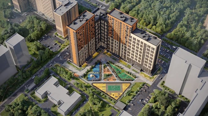construct 3d residential complex,urban development,sports area,courtyards render