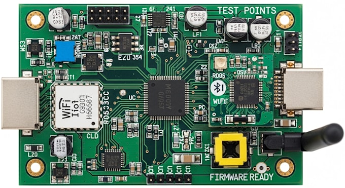 custom embedded pcb with microcontroller, iot hardware and firmware ready layout