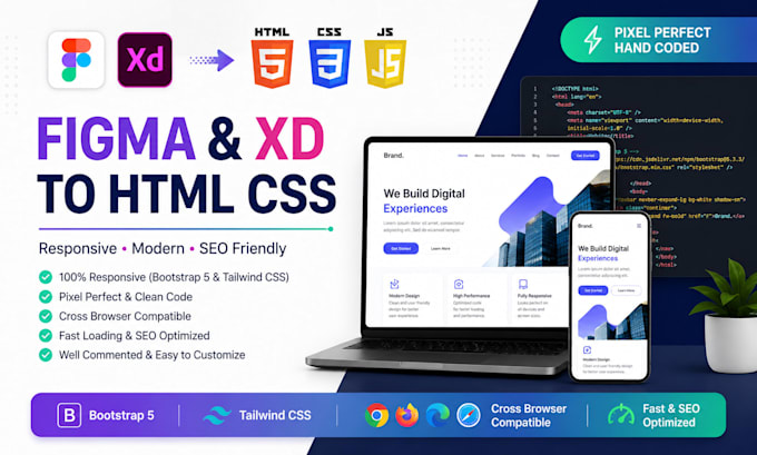 convert figma to html css, xd to html responsive bootstrap 5 tailwind