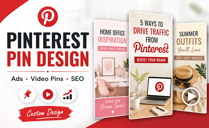 design engaging pinterest pins, ads, and video pins optimized with SEO