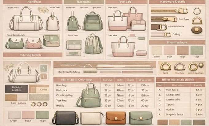 create handbag, tote, backpack, pouch tech pack with cad flats for manufacturer
